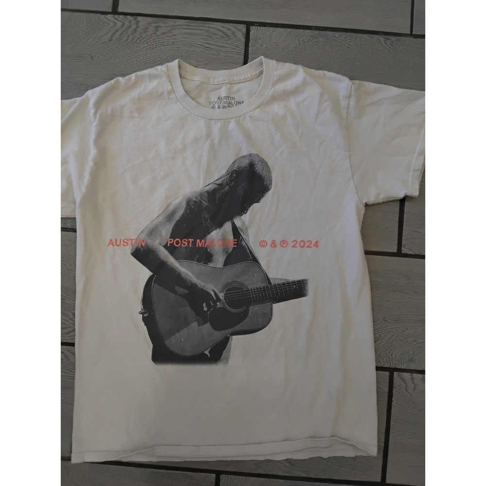 Post Malone Austin 2024 Tour T-Shirt White‎ Graphic Tee Small Acoustic Guitar